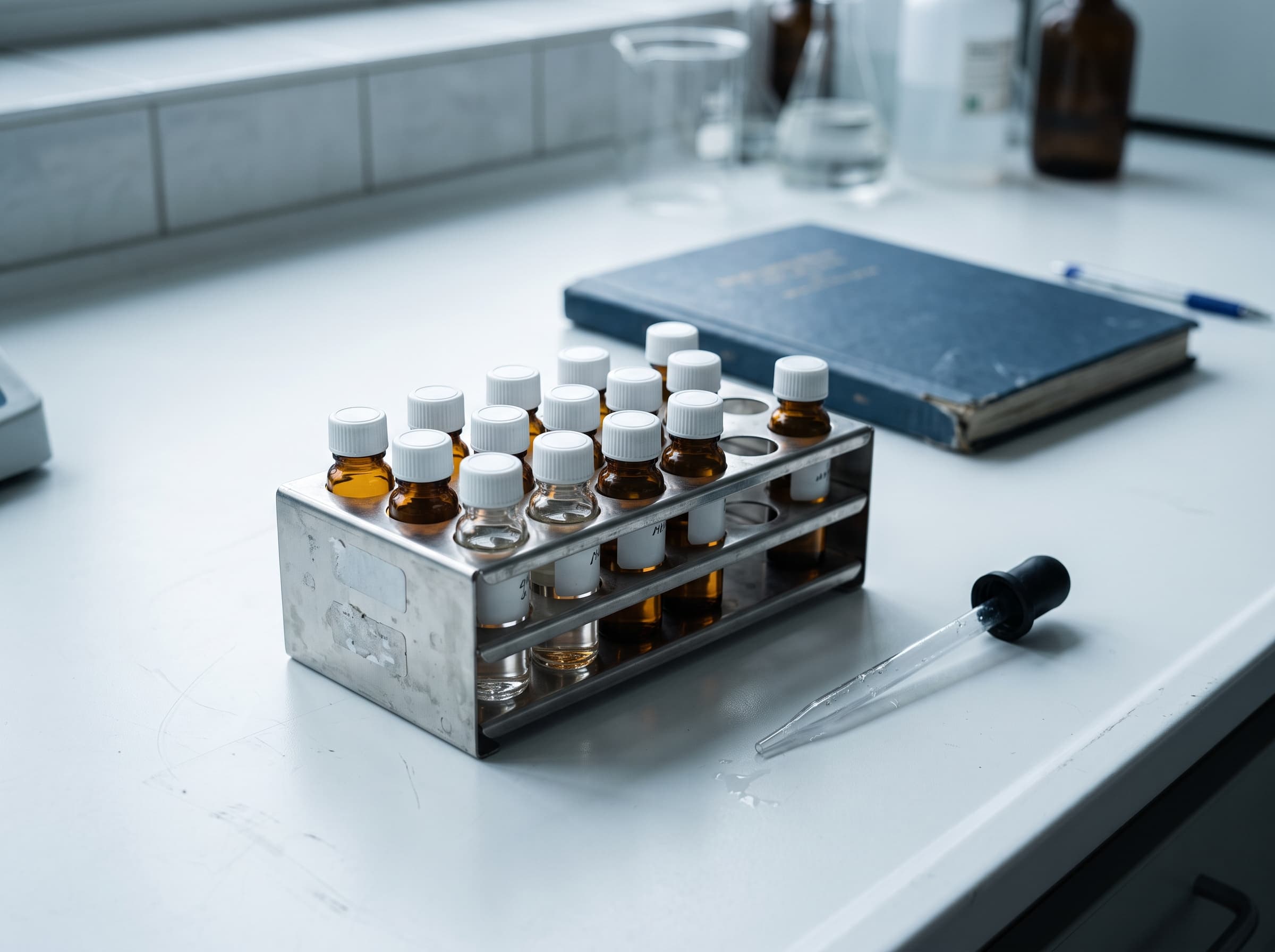 A steel rack of amber vials and a glass pipette on a laboratory bench.
