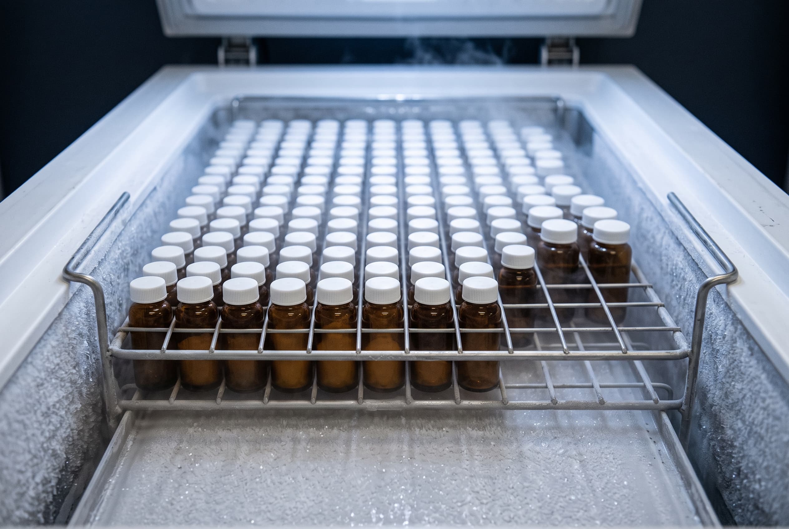 Rows of amber glass vials with white caps held in a steel rack inside a frosted chest freezer.